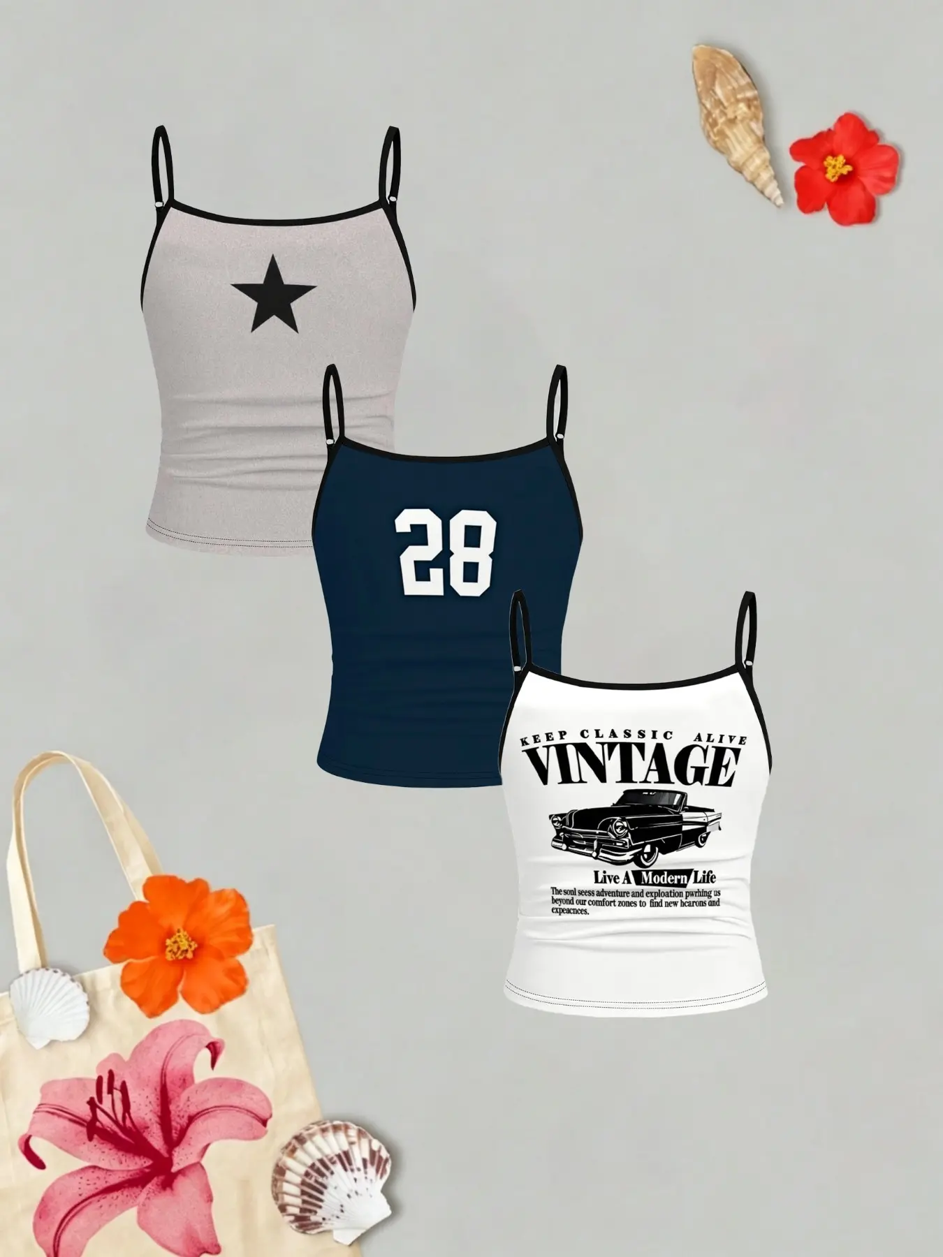 3-piece set of Casual vintage printed camisoles for girls, featuring stars, number 28, and vintage car patterns with thin shoulder straps, Spaghetti Strap, and sleeveless tops, available in gray, navy blue, and white, suitable for girls and teenagers