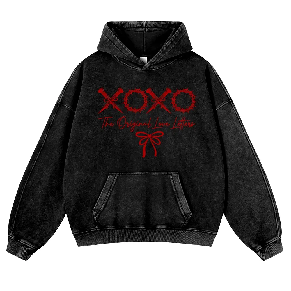 Vintage Washed Hoodie Oversized XOXO The Original Love Letters Graphic Sweatshirt Christian Streetwear Pullover Unisex