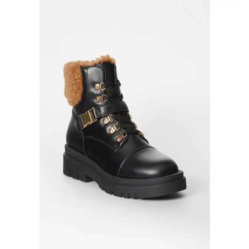 JUST FAB Women's Combat Boots Eco Leather Ankle Booties with Faux Shearling Cuff, Lug Sole Platform, Side Zipper & Block Heel Winter & Fall
