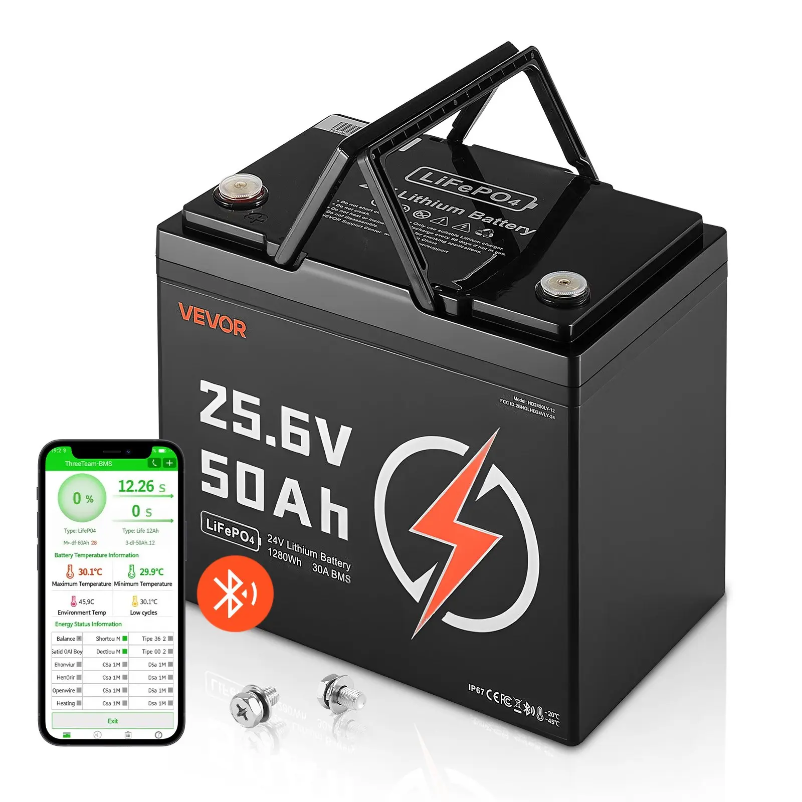 VEVOR 24V 50Ah LiFePO4 Lithium Battery, Bluetooth, Deep Cycle Lithium Rechargeable Battery, Built-in 30A BMS, Low Temp Protection, 4000+ Cycles, Max. 1280Wh, for RV, Camper, Trolling Motors, Marine