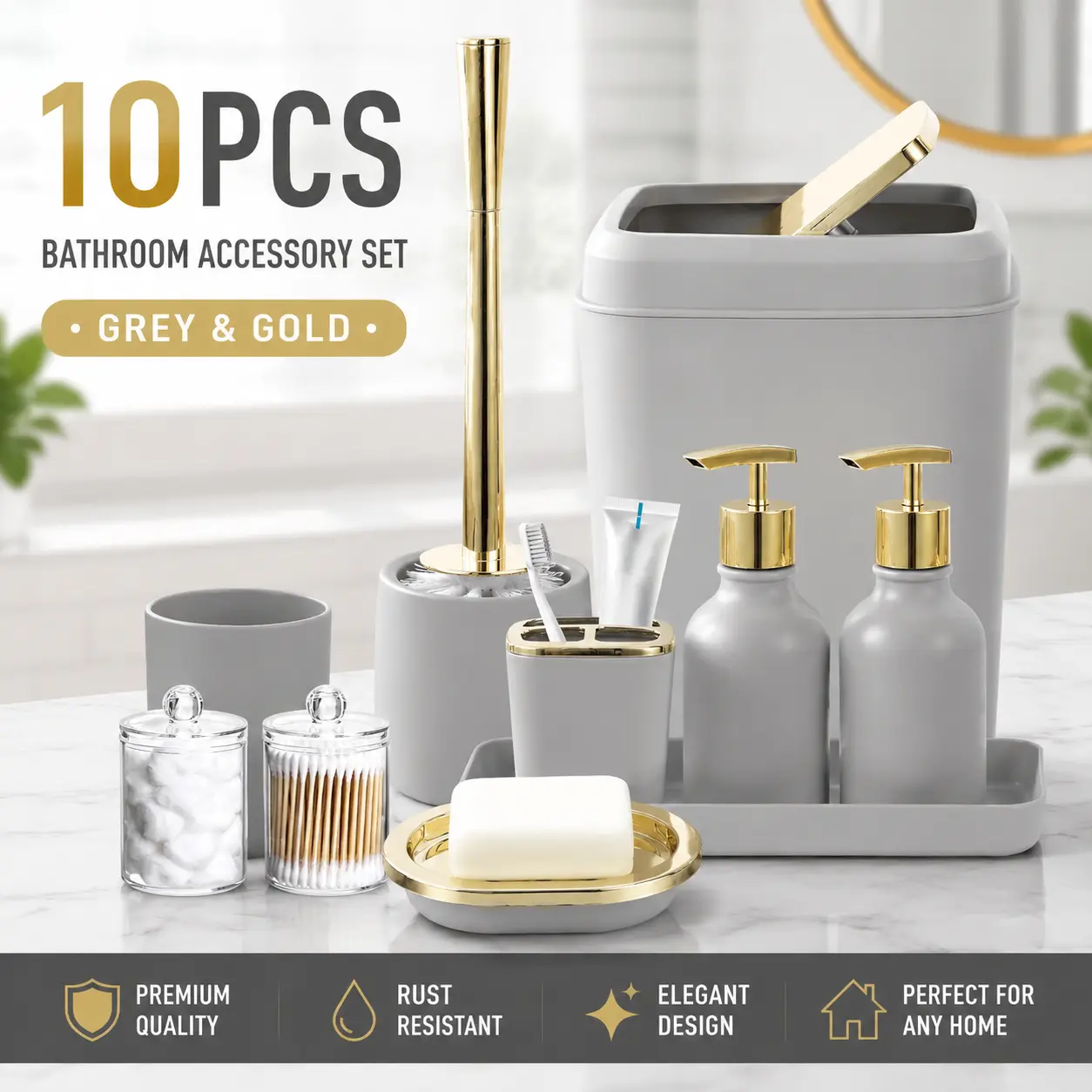 10-Piece Grey and Gold Bathroom Accessories Set with Trash Can, Toilet Brush, Soap Dispenser, Toothbrush Holder, Cup, Soap Dish and Q-Tip Holder for Bathroom Countertop Organizatio