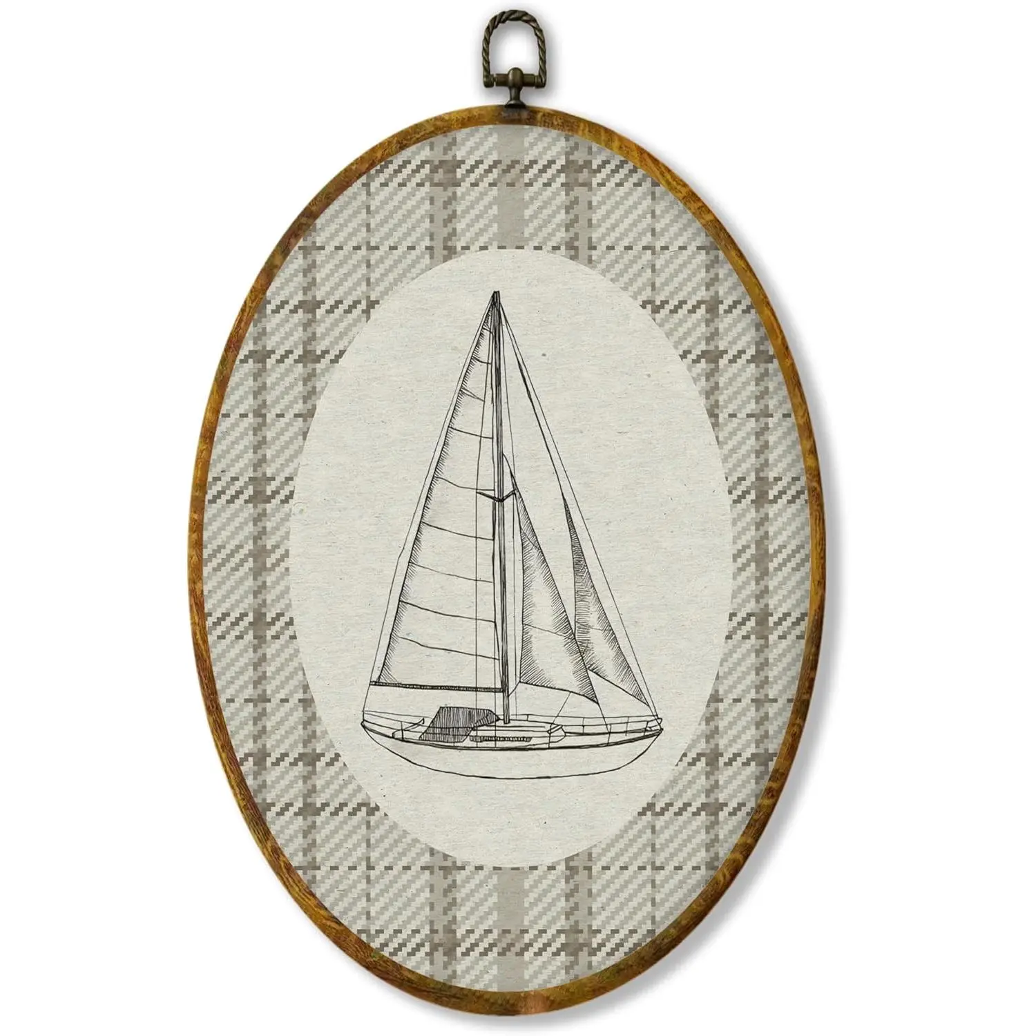 Hiuwevt Vintage Sailboat Nautical Nursery Oval Wall Art Decor, Coastal Beach Framed Canvas Prints, Neutral Ocean Beachy Oval Wall Hanging Decor for Kids Boy Room Bedroom Decorations, 8.6x11.4 Inches