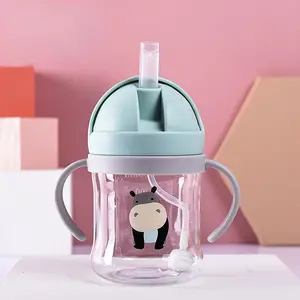 Cartoon Hippo Print Baby Sippy Cup 250ML, Anti-Choking Straw, Gravity Ball Water Bottle, Leak-Proof with Handle, Ideal for Daily Use