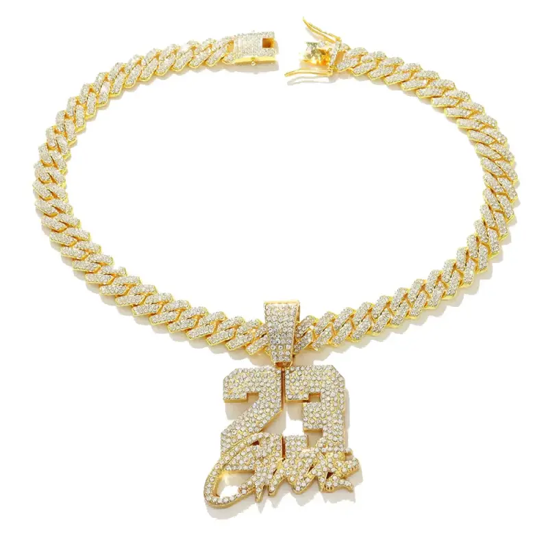 Fashionable silver plated metal necklace with all diamonds, digital letters, 23 pendant necklace, Cuban chain gift
