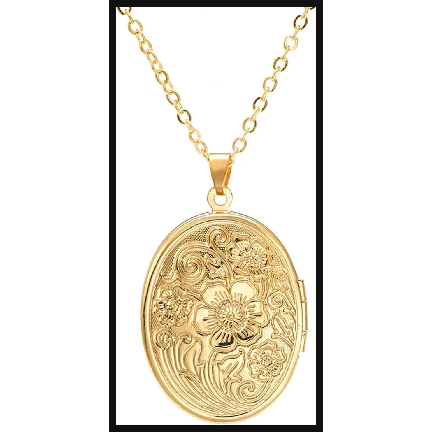 Vintage Engraved Flower Embossed Photo Locket Oval Round Pendant Necklace Antique Carved Pattern Souvenir Memorial Clavicle Jewelry for Women