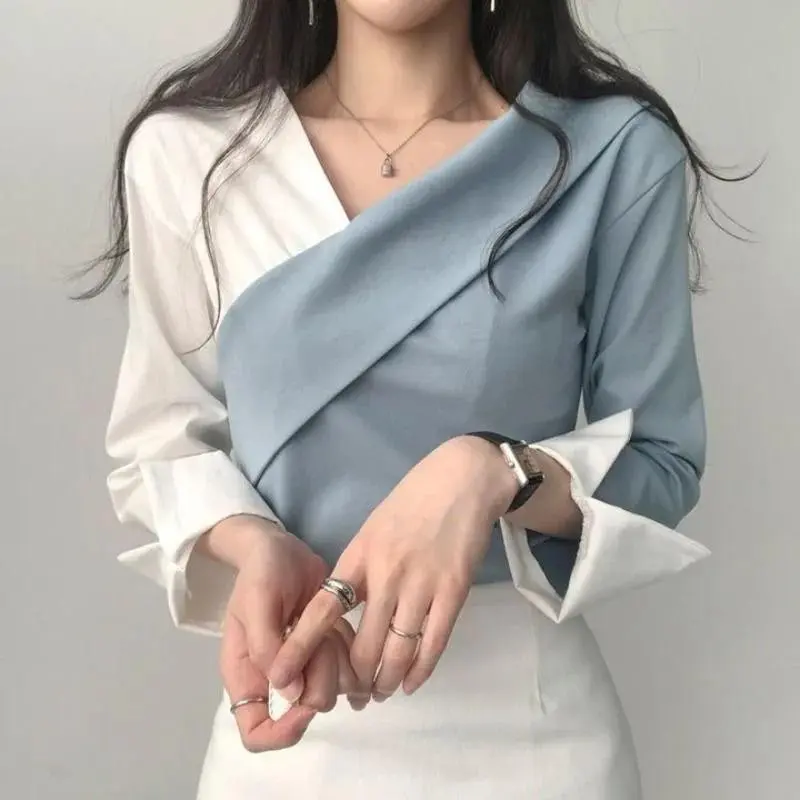 Autumn Long Sleeve Vintage Contrast Patchwork Shirt Fashion Streetwear V Neck Ladies Top
