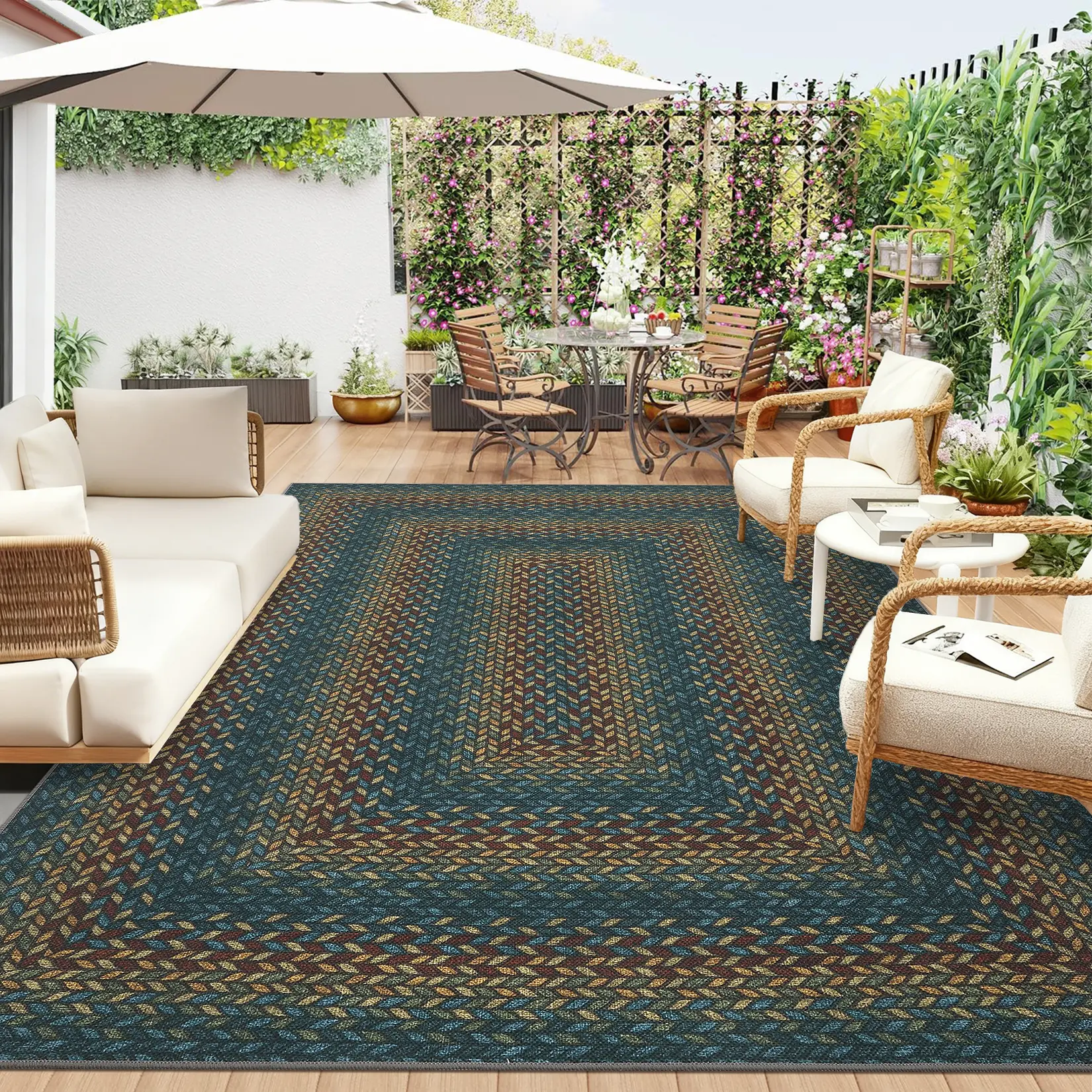 Easy Jute Washable Outdoor Rug, Non Slip Braided Print Neutral Area Rug for Indoor Outdoor Use, Farmhouse Style Carpet for Living Room, Bedroom and Porch, Foldable Non-Shedding Rug