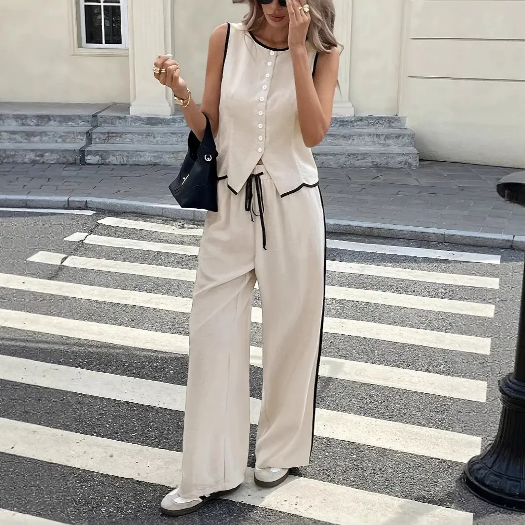 Women's two-tone sleeveless single-breasted vest and drawstring pants set