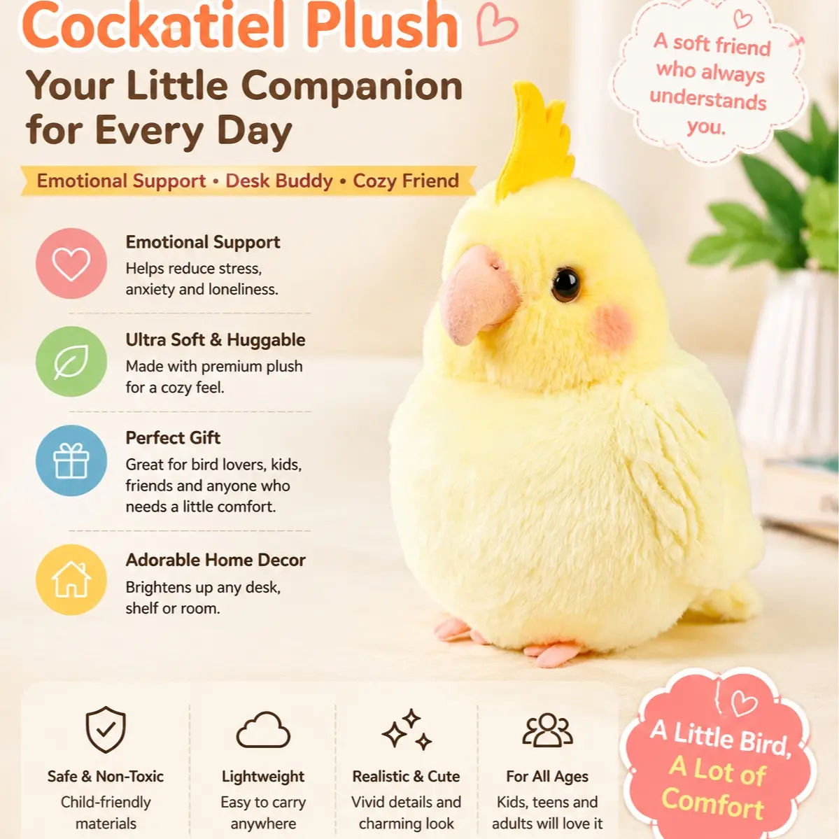Emotional Support Parrot Plush Toy, Soft Realistic Bird Stuffed Doll, Anxiety Relief Desk Companion Gift, Suitable for Kids and Adults
