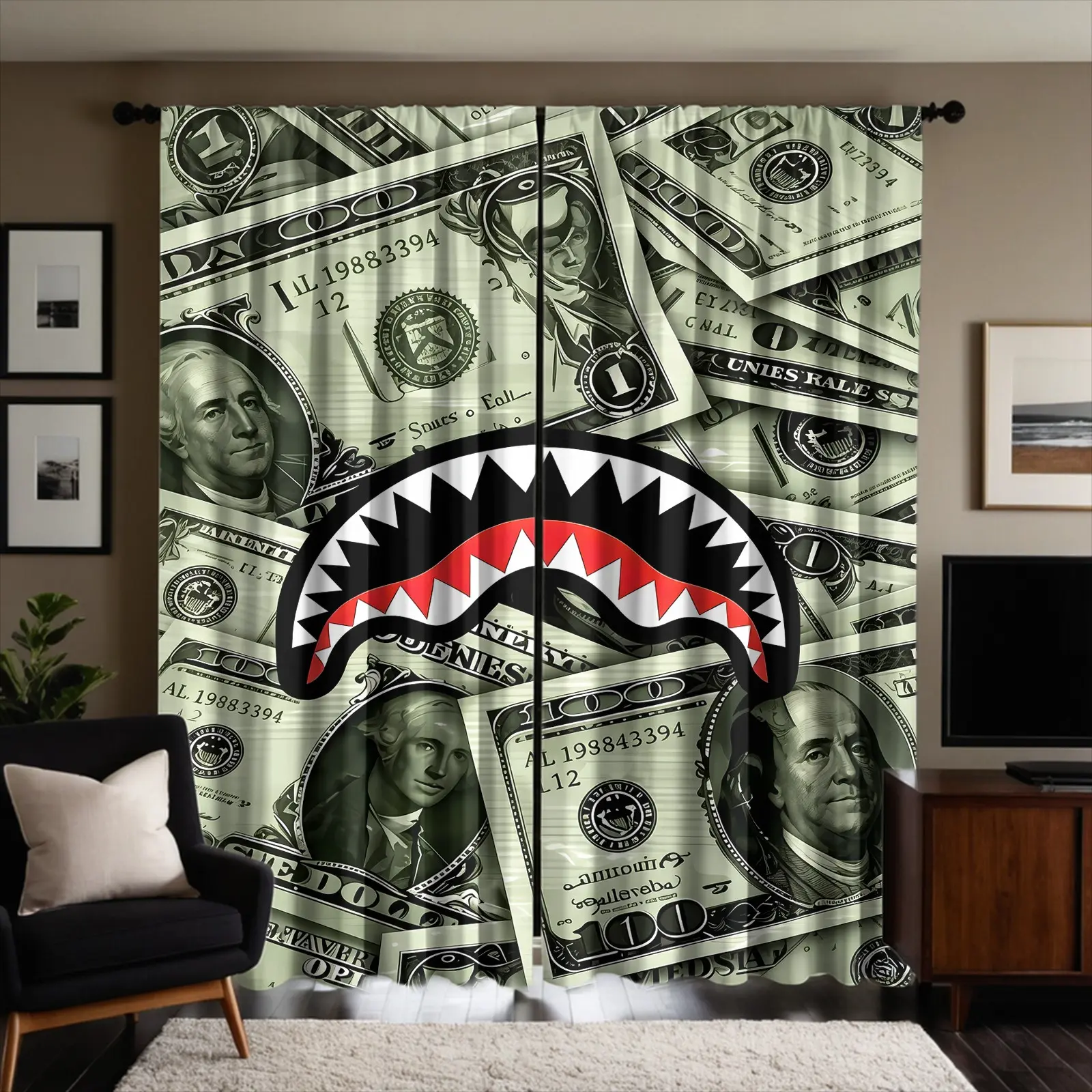 Dollar Bill Shark Mouth Decorative Curtains Set Two Panels, Pole Bag Design No Drilling Easy Install, Street Hip Hop Style Insulated Noise Reduction Drapes for Youth Hypebeast Bedroom Living Room Decor, Home Decoration Curtain