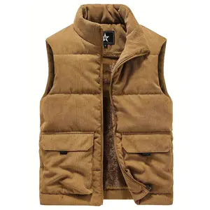 Thick Plush 100% Polyester JPDUN Men'S Winter Vest - Casual Stand Collar, Multi-Pocket Outdoor Workwear, Warm Camisole Jacket, Loose Fit, Woven, Non-Stretch