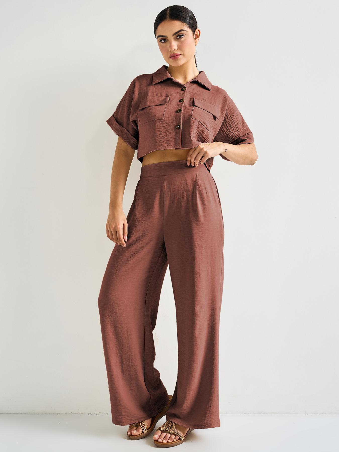 Women's Casual Loose-Fit Crop Top Set, Summer Woven Fabric, Moderate Thickness, Comfortable Fit, Perfect for Daily Wear, Casual Outfits Women