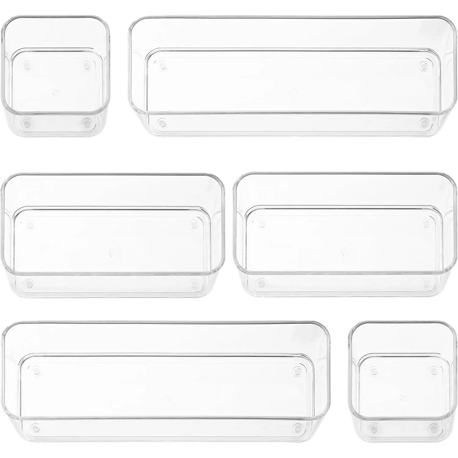 Six count - Clear Plastic Drawer Organizer Bins - Stackable, Non-Slip, 3 Sizes
