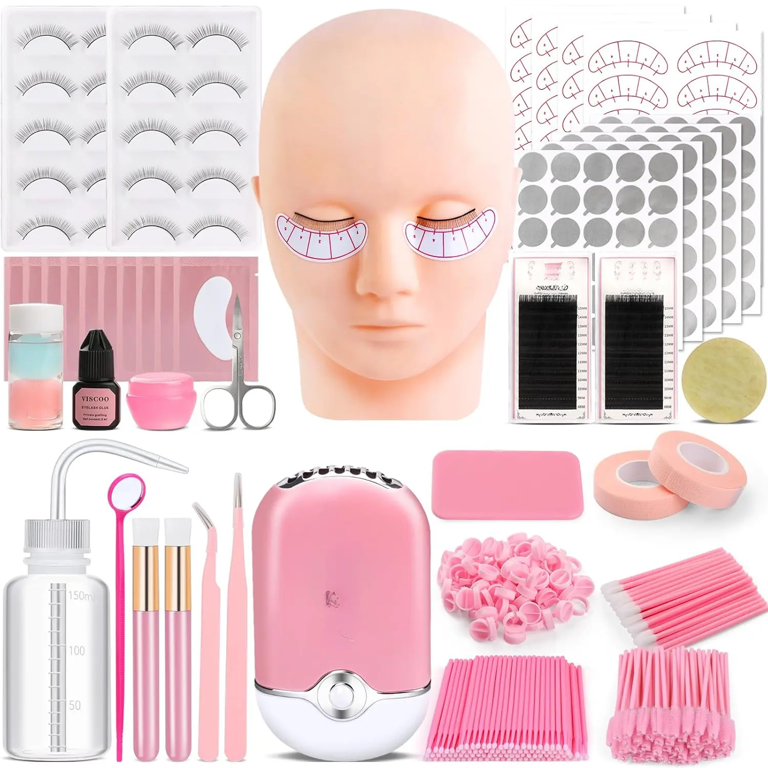 Eyelash Extension Kit  , Professional Lash Extension Kit with Mannequin Head, Lash Starter Kit with Lash Fan, Lash Extension Supplies  Practice Training Kit