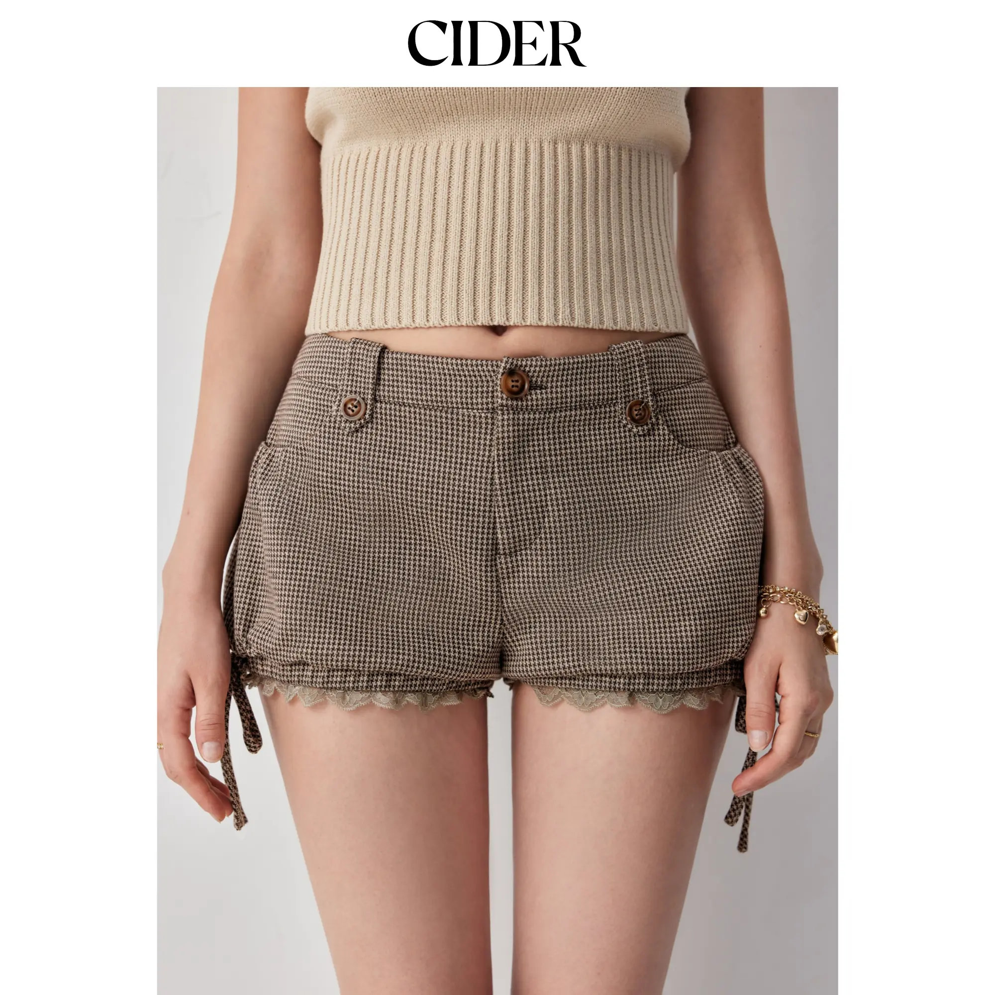 Cider Jacquard Low Rise Houndstooth Lace Trim Bowknot Bloomer Micro Shorts