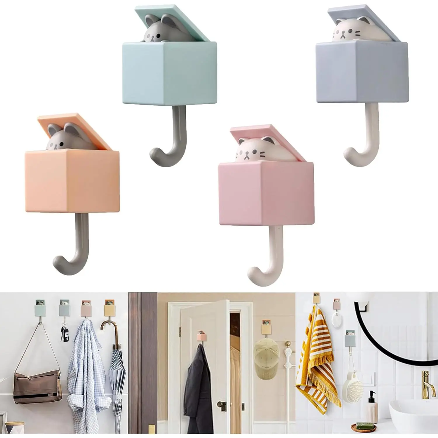 4pcs Cute Self Adhesive Towel Hooks For Bathrooms, Wall Hooks Heavy Duty For Hanging Coat, Towel,Scarf, Hat, Robes,Key,Creative Kawaii Room Decorative Cat Hook For Tiles, Glass Door or Mirror