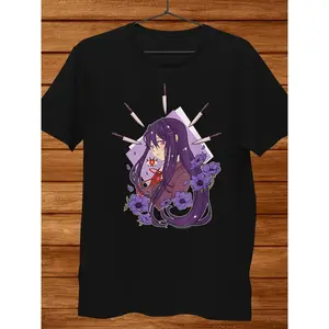 Doki Doki Literature Club Yuri Anime-Manga Sports Top, Casual Style Tee, Round Neck with Character & Book Art, High-Stretch Fabric, All-Season Wear