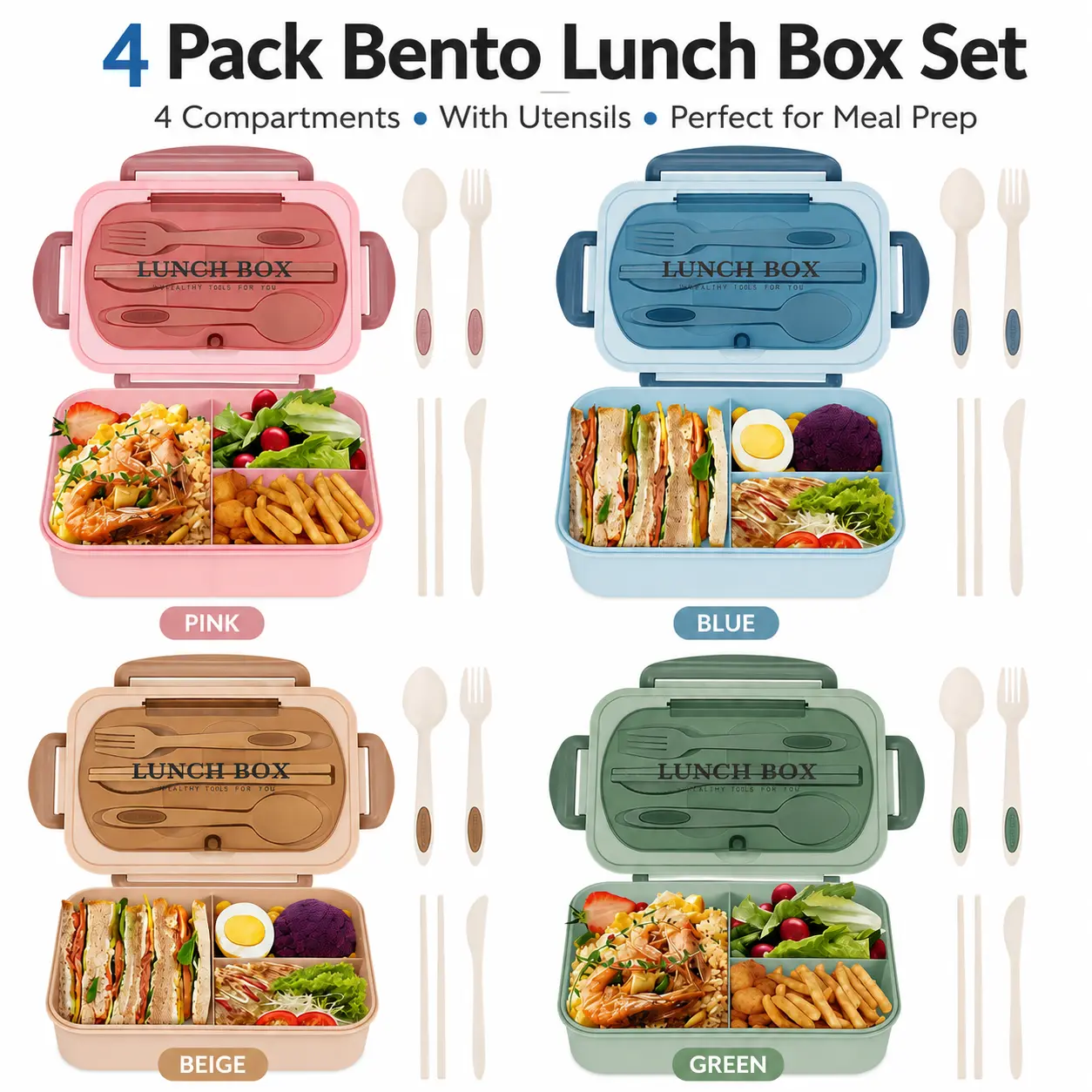 ONESHOW HOME 4 Pack Bento Box 1200ML Lunch Container for Adults 3 Compartment Meal Prep Box with Utensils Leak Resistant Lid for Work School Office Travel