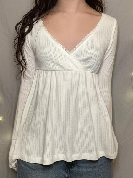 Fashionable Simple Lace Trim Cross V Neck A-Line Long Sleeve Knitted Top Blouse, Trendy Spring & Fall Casual Wear for Women