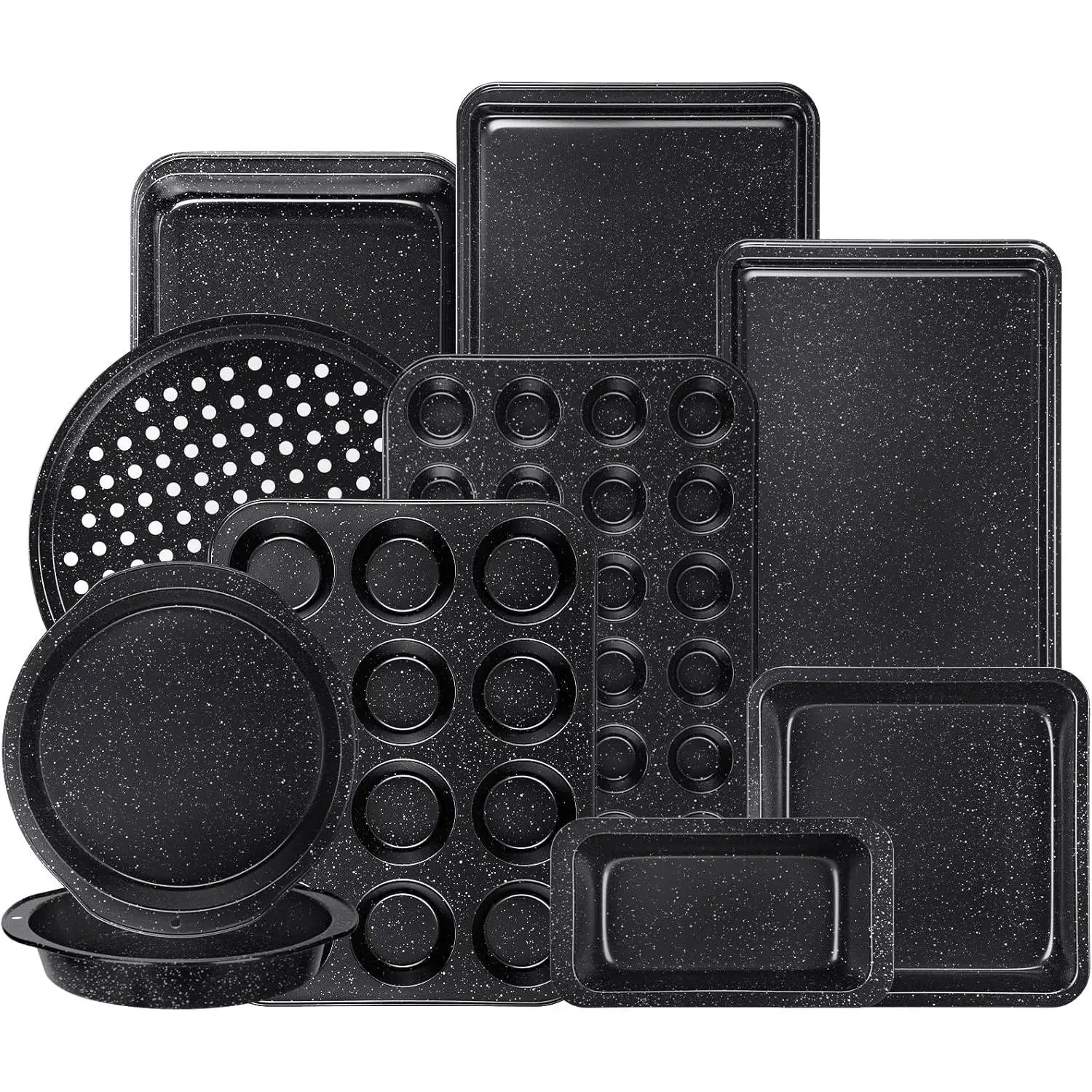 10- Baking Pans Set, Bakeware Sets Nonstick, Baking Set for Oven Cooking, Stackable Carbon Steel Set Include Cookie Sheets, Muffin Pan, Cake Pan, Pizza Pan, Loaf Pan, Roasting Pan, Black
