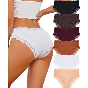 Cotton Cheeky Bikini Underwear for Women, Lace Waist Hipster Brief Panties Soft Stretch Pack