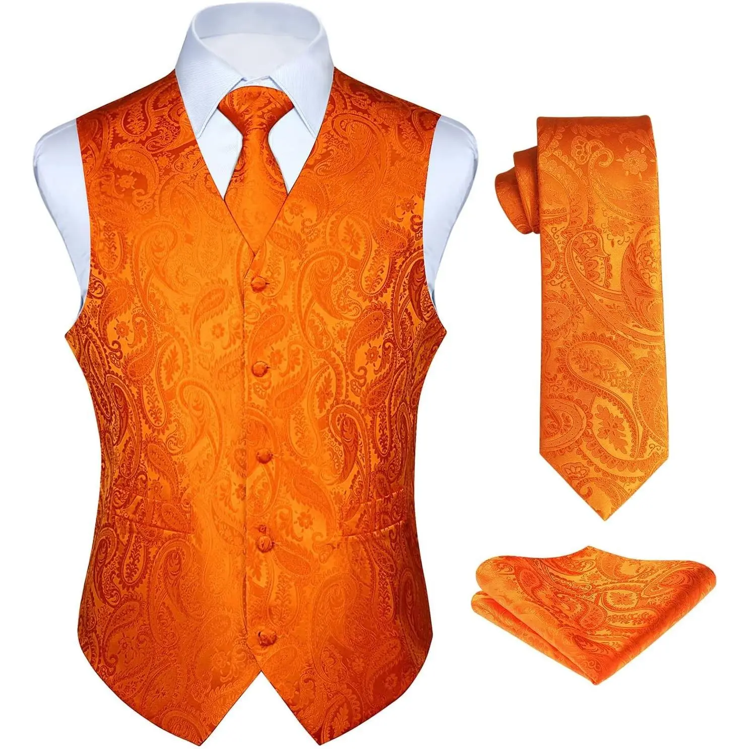 Men's 3-Piece Vest and Tie Set - Paisley Floral Jacquard Waistcoat, Necktie & Pocket Square for Suit or Tuxedo(Gift)