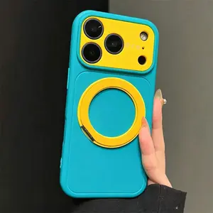 The ins Summer Lake Blue and Turmeric Color-Block 360 Stand is compatible with Apple iPhone 17, 16, 15, 14, and 13 series models. It offers drop protection and dust resistance.