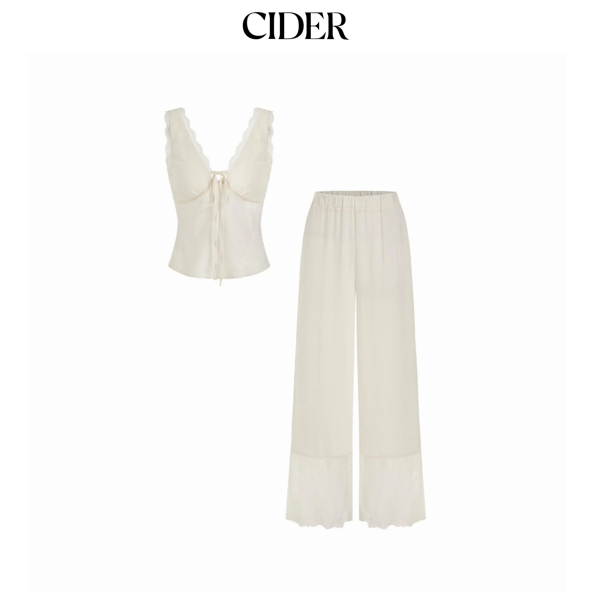 Cider Lace Trim V-neck Top & High Rise Wide Leg Trousers Loungewear Set
