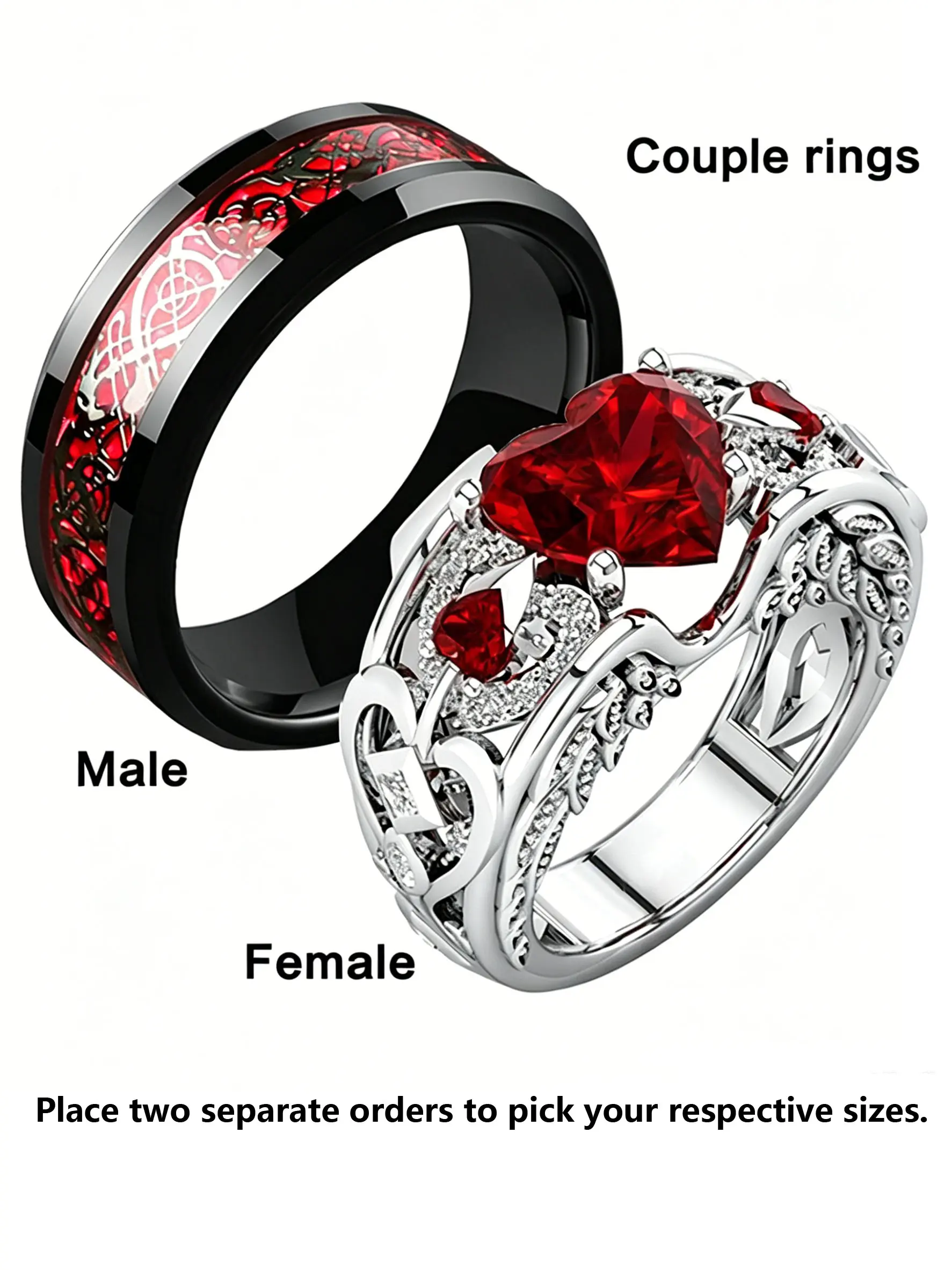 Eternal Love Heart Ring Set, Heart-Shaped Ruby Women's Ring, Men's Red Ring Jewelry, Celtic Red Dragon Ring, Couple Ring, Matching Promise Rings, Wedding Ring, Engagement, Promise Ring, Perfect Gift