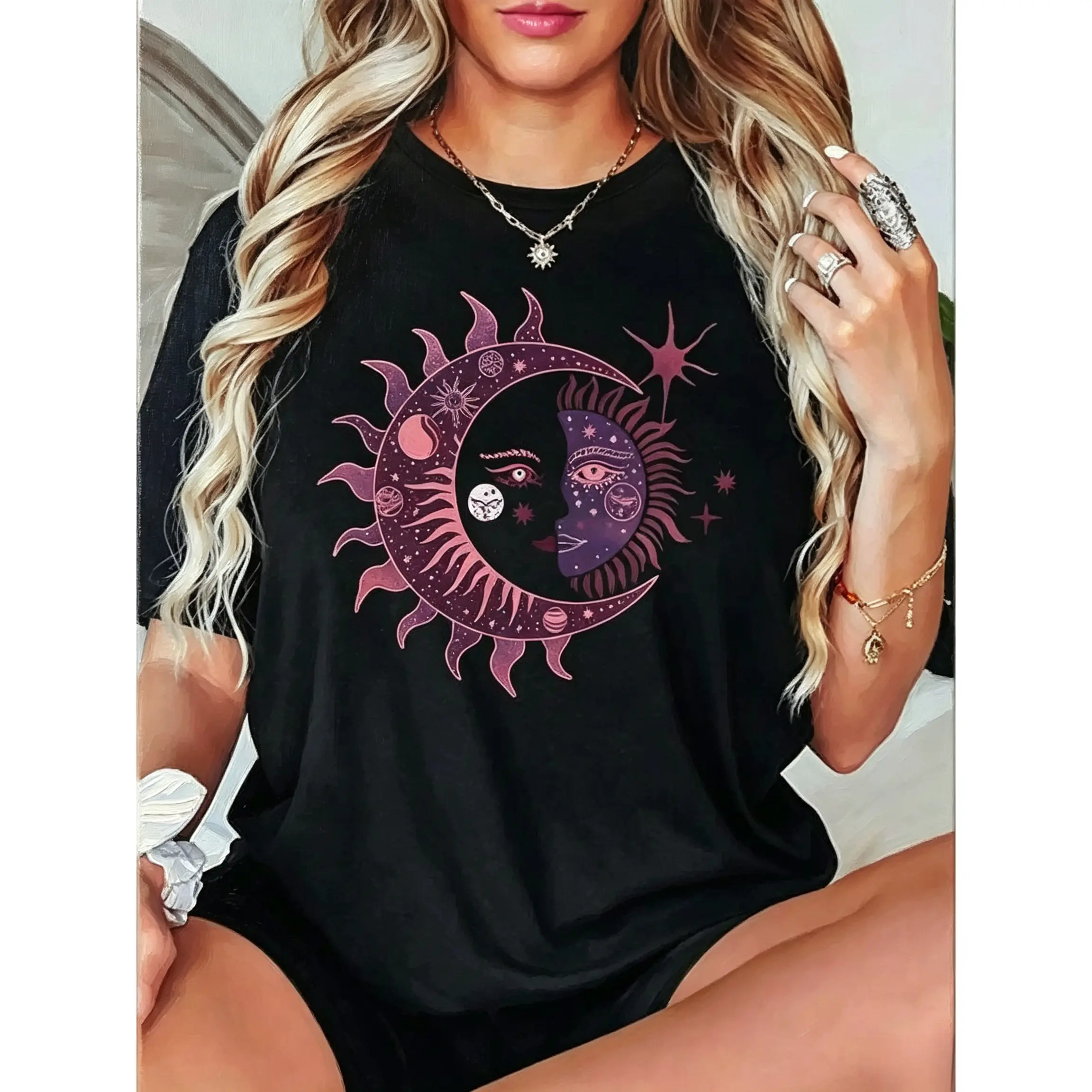 Women's Casual Sun & Moon Graphic Tee Crew Neck Short Sleeve Machine Washable Perfect for Spring & Summer  Shirt Top Womenswear Black Breathable Polyester Blend Comfortable Stylish T-Shirt Unisex Design Day Knitted