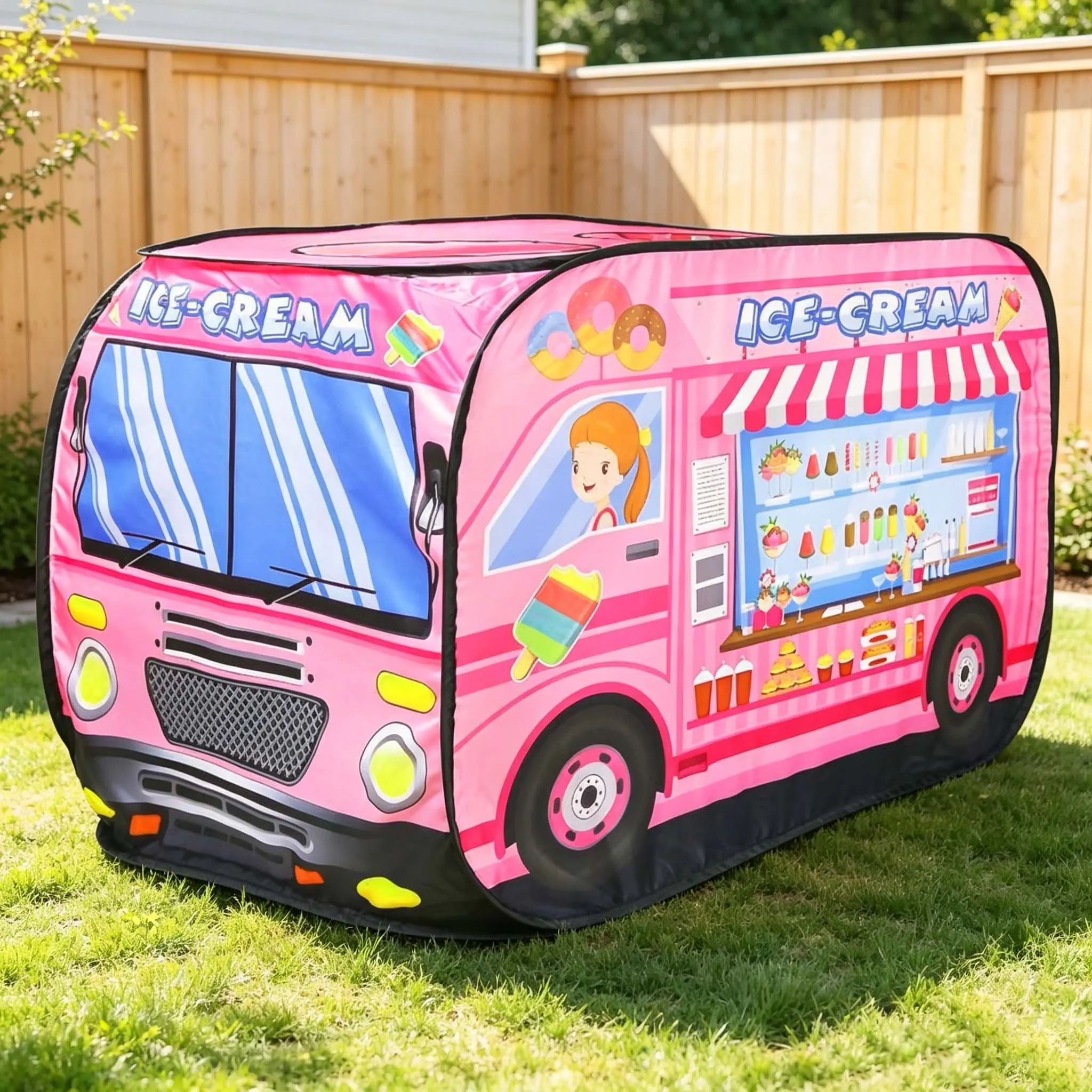 Ice Cream Car Pop-Up Game Tent with Storage Bag, Kids Playhouse, Indoor Outdoor, Unisex, Easy Setup, Best Gift for Boys Girls
