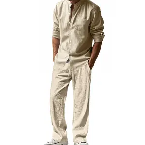 Men’s Linen Blend Two-Piece Set, Casual Loose Fit Long Sleeve Shirt and Pants Outfit, Breathable Lightweight Beachwear Set for All Seasons, Vacation, Travel, Resort and Daily Wear