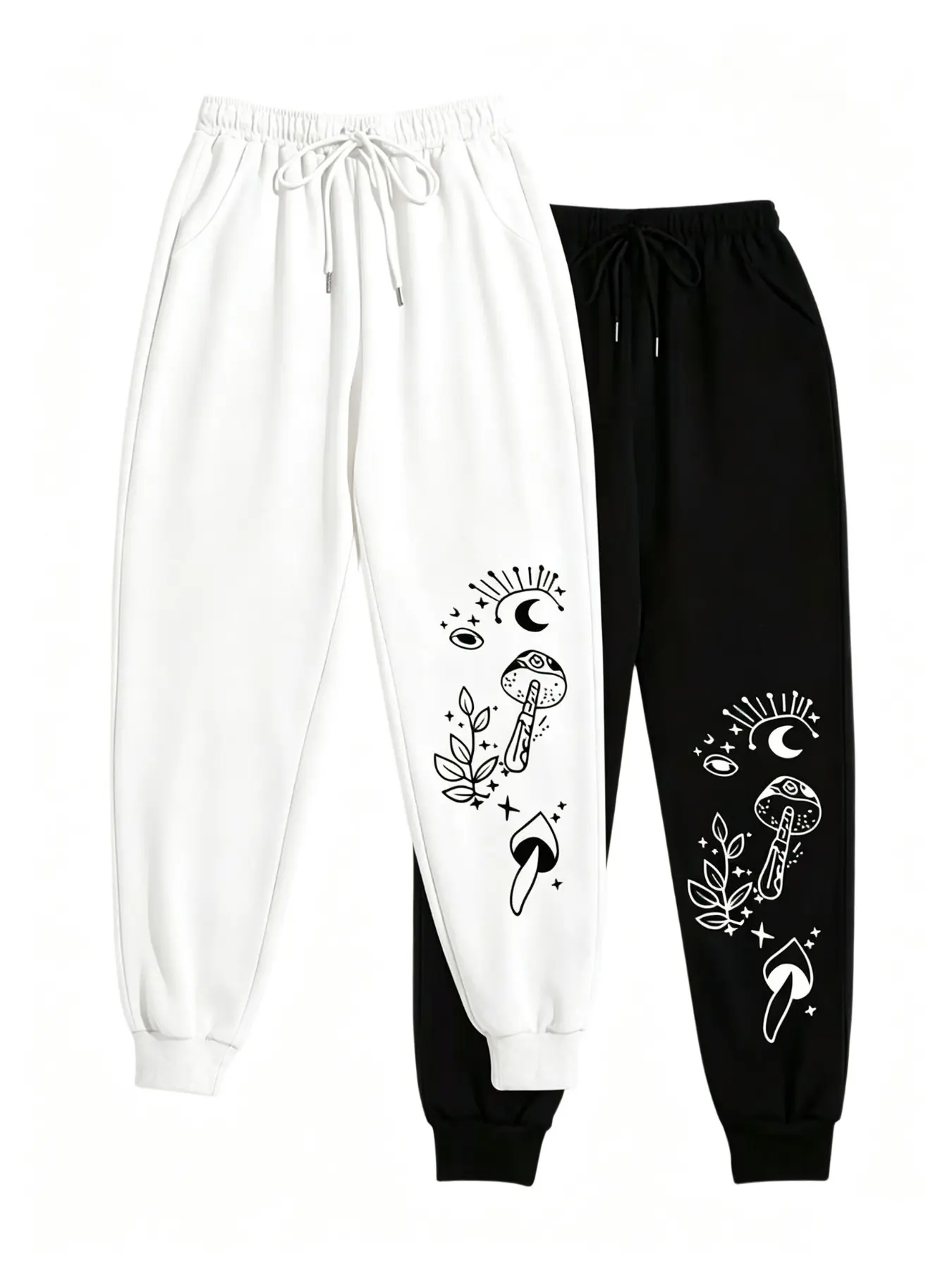 Women's Casual Sporty Long Pants Set, Mushroom Moon Eye Print, Drawstring Cargo Pants, Loose Fit, All Seasons, Fashionable Ladies' Bottoms