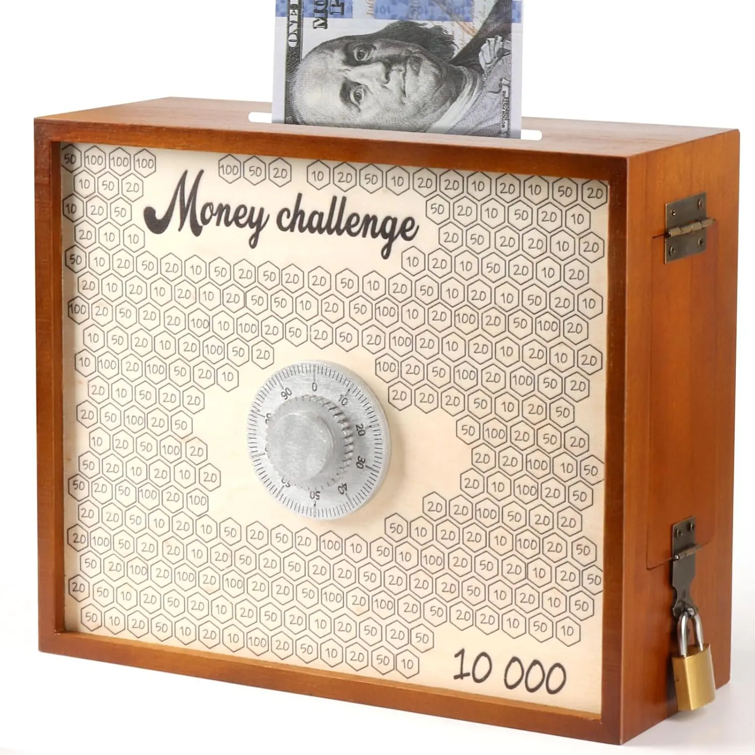 10000 Savings  Box with Lock, Large Wooden 10k  Saving Box Saver $10,000      Vault Saving Box  Number Piggy  for Adults , Brown