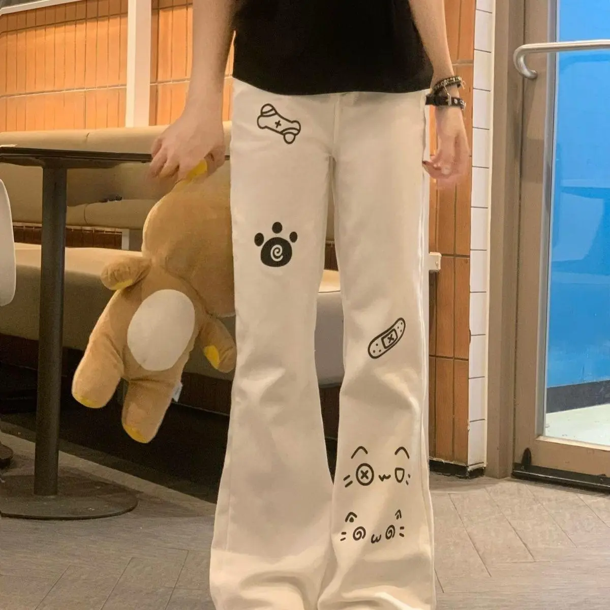 Japanese Kawaii Full Length Pants Women Cartoon Cat Pattern Casual Trousers Sweet Harajuku Subculture Autumn Sweat Pants