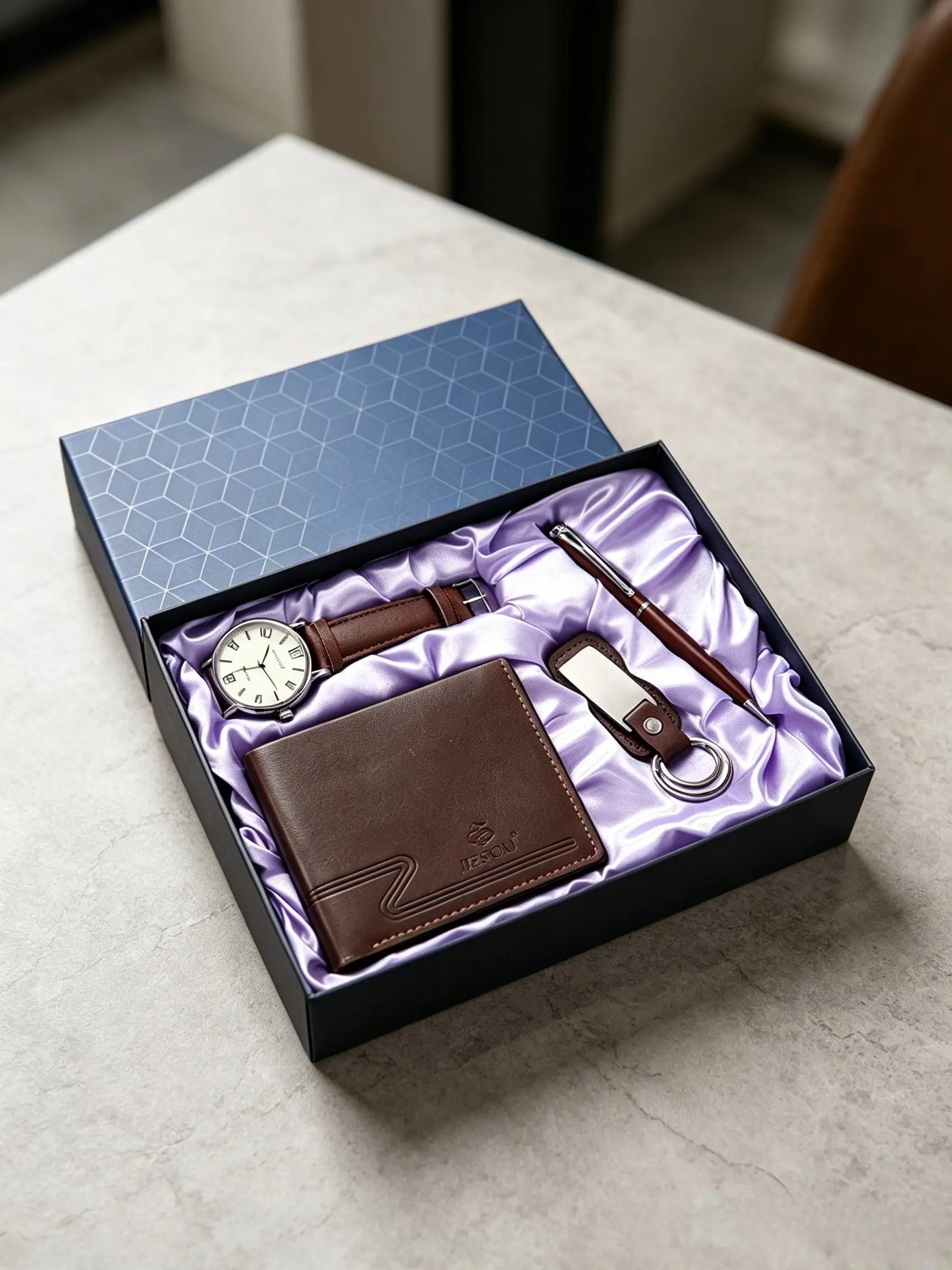 Men's Gift Set with Elegant Packaging, Classy Gift Box, Watch + Wallet Keychain Combo, Creative Embroidered Design, Zinc Material, All Seasons