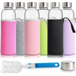 Glass water bottle, suitable for beverages and juicers, comes with a stainless steel lid - includes a colorful nylon protective sleeve