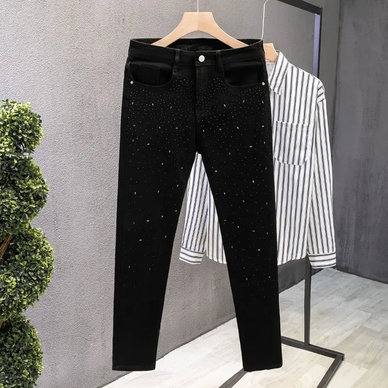 Menswear Men's Casual Versatile Street Style Black Jeans with Rhinestone Embellishments, 2026 New "Starry Sky" Trendy Jeans