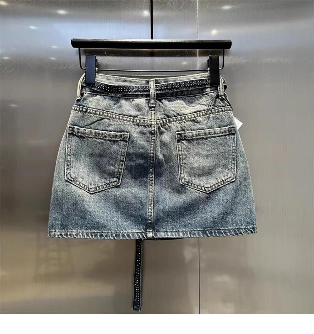 Oversize Retro Diamond Denim Mini Skirt for Women Summer High Waist Shiny Rivet Slim Skirts Gradient Black Grey Jean Skirts, Womenswear Bottom Palda Basic Minimalist