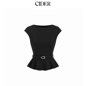 Cider Boat Neck Belted Ruffle Hem Metal Detail Peplum Top SummerWins Dealsforyou