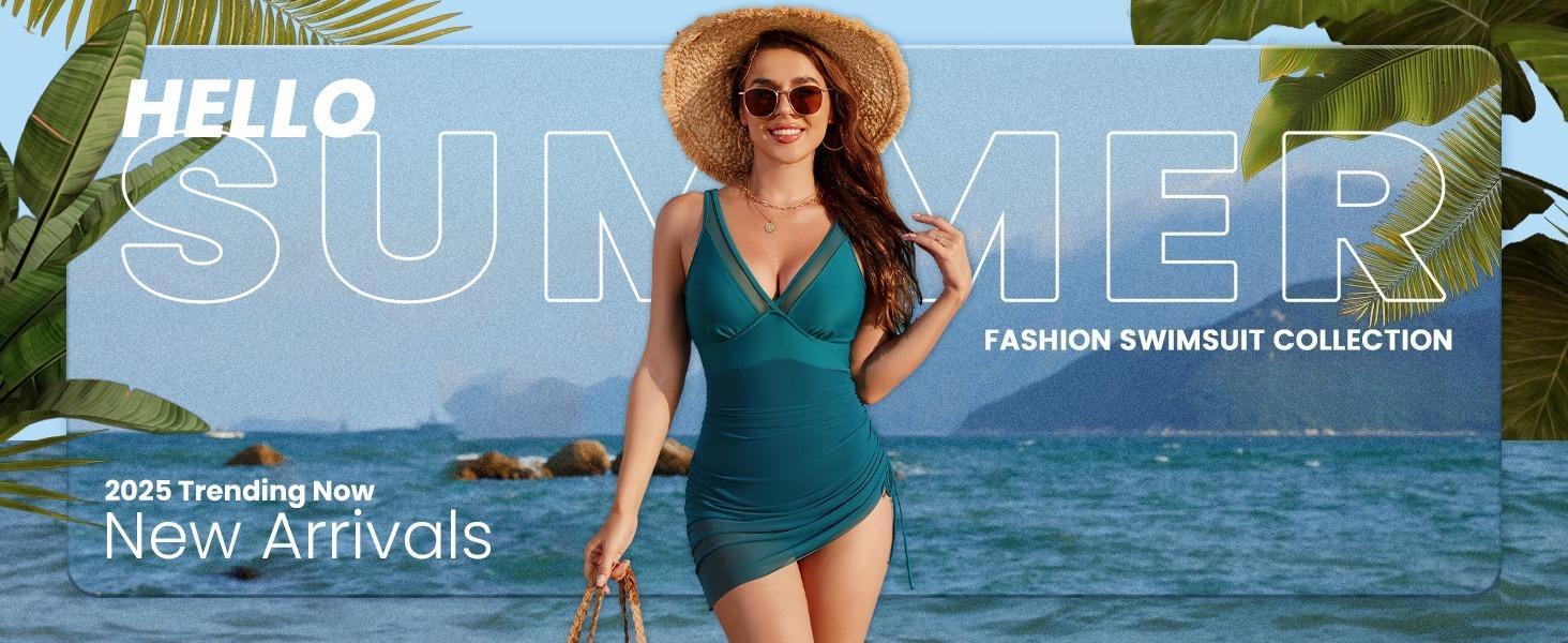 Women's Tummy Control One Piece Swim Dress Slimming Mesh Sheer Sarong Wraps Bathing Suit Modest V Neck Cut Out Swimsuit for Women 2026 - Womenswear Overalls Sleeveless Maternity Square rompers jumpsuit eyelet Rhinestone Off-Shoulder backless