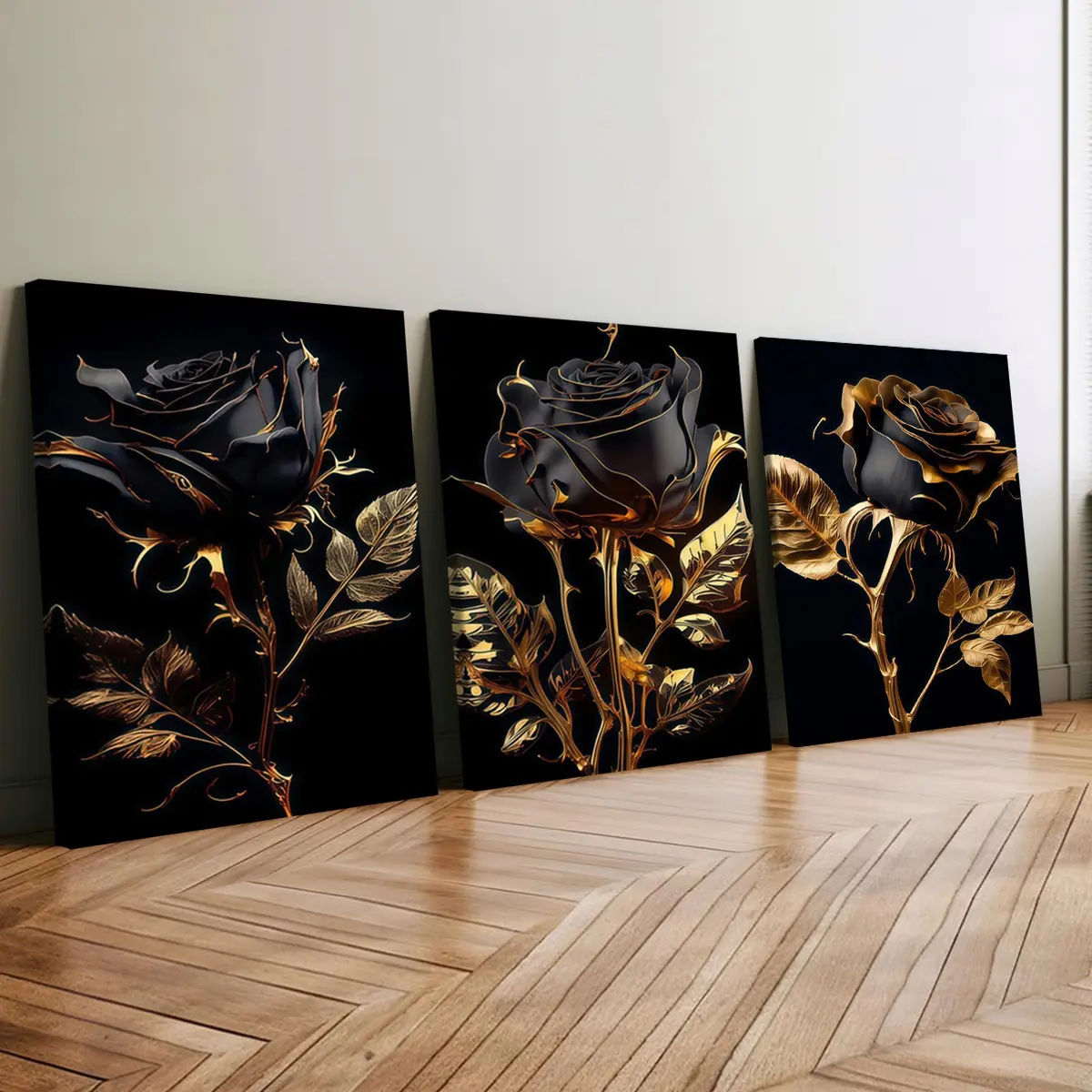 3-count wooden-framed canvas, black background gilded rose light luxury high-end decorative three-poster, fashionable art, modern art, home decoration painting, exquisite living room, bedroom and office wall art, waterproof art, Decoration Items, Artwork