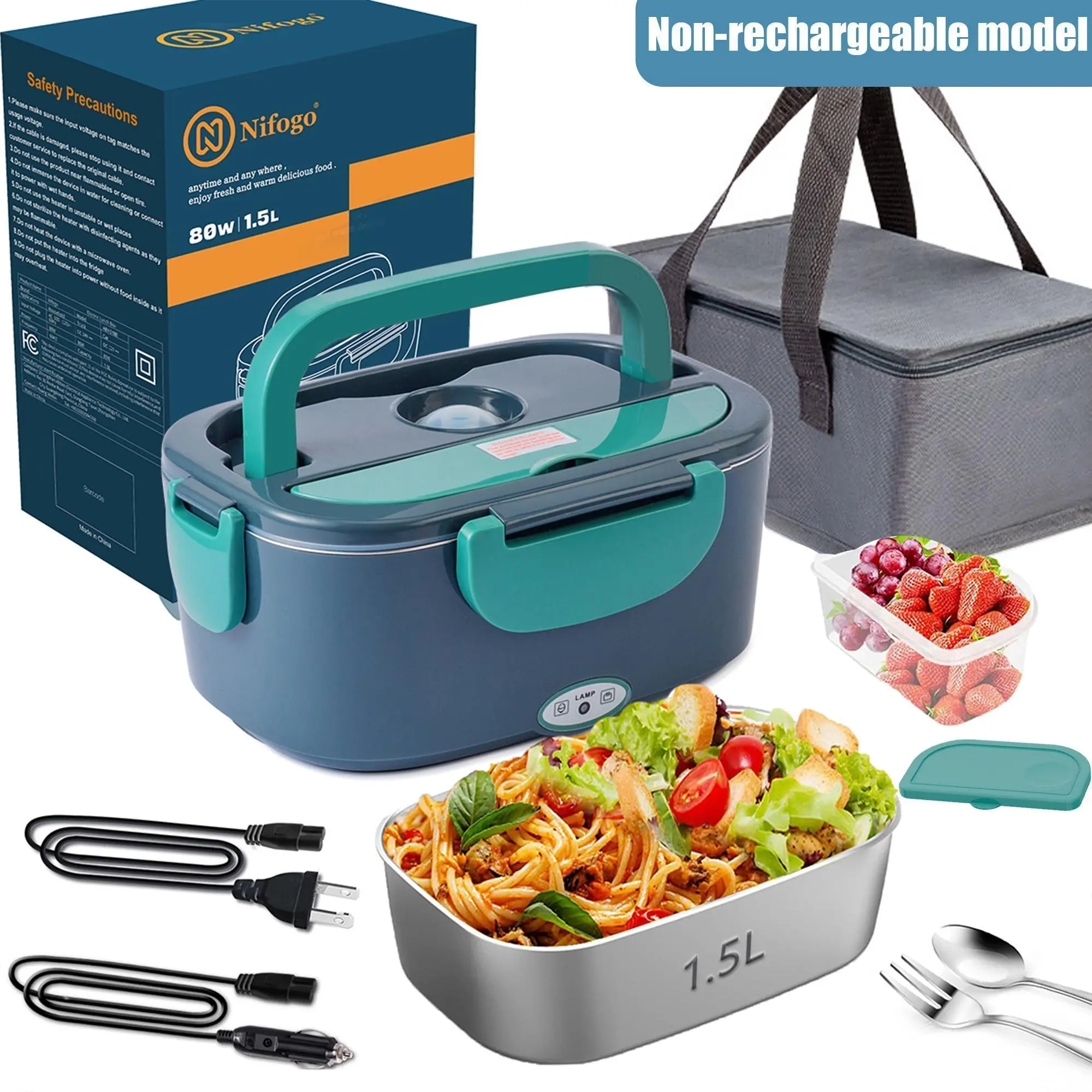 80W Fast Heating Electric Thermal Lunch Box, 12-24V Warm on 12V Portable 1.5L Leakproof Insulated Lunch Compartment with Fork, Spoon & Insulated Bag, BPA-Free Black Modern Tableware for On-the-Go Users (Meal Warmth Focused)