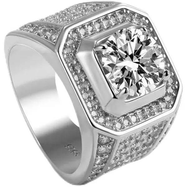 Mens Square Frame Moissanite Ring 2 Carat D Color VVS Solid 925 Sterling Silver Micro Pave Side Stones Engagement Anniversary Ring