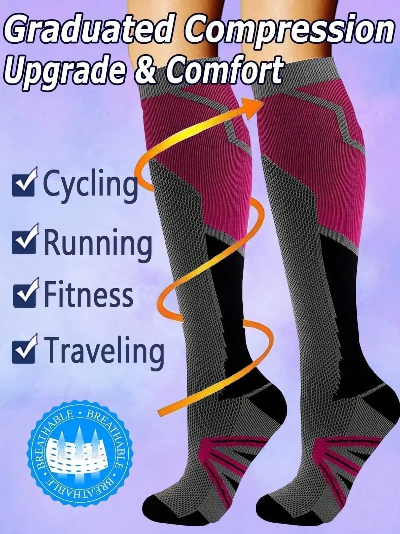 Women's Sporty Gradient Compression Socks, Anti-Slip Moisture-Wicking, Ideal for Running Yoga Cycling, Plain Surface Design