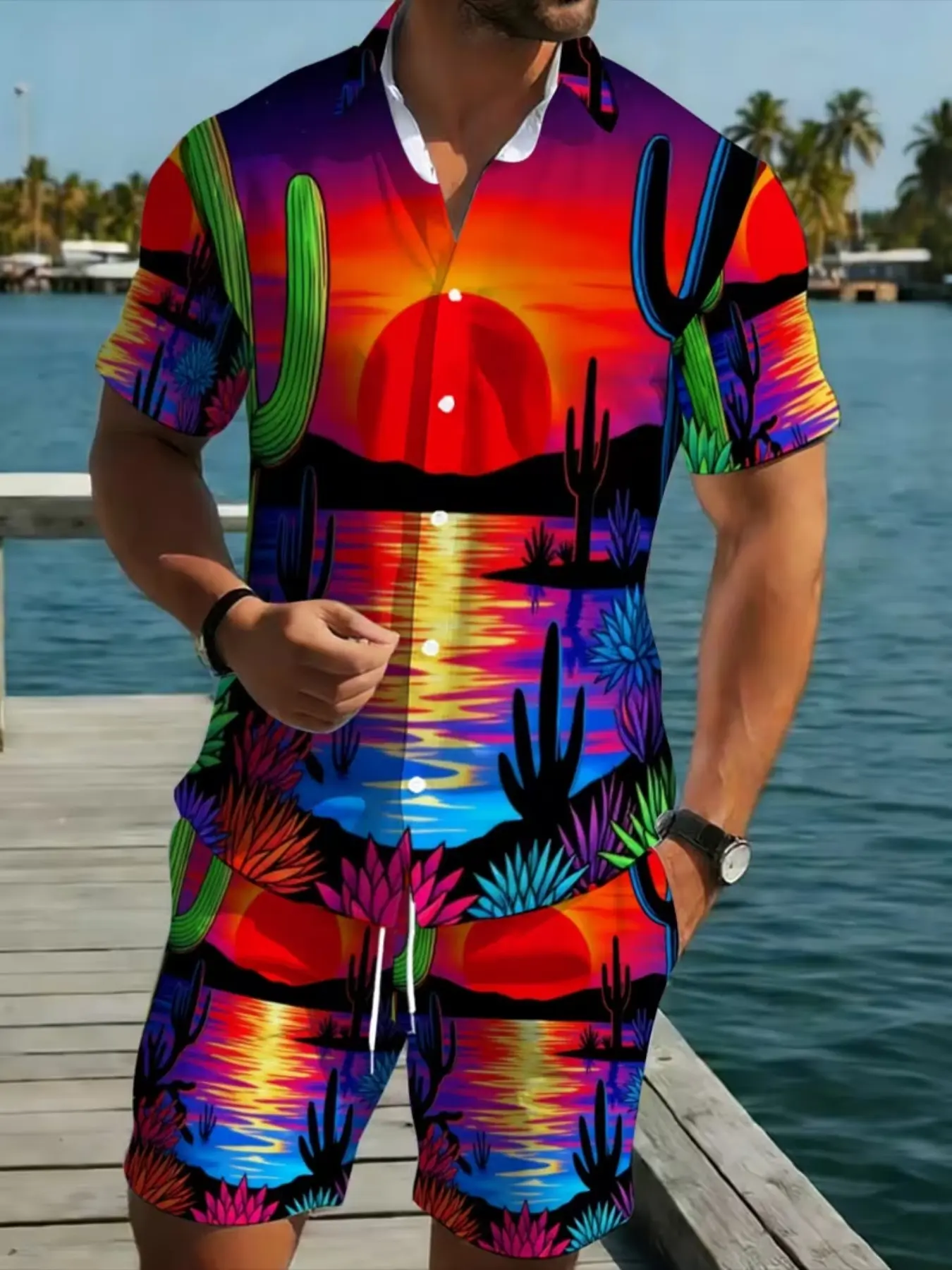 American Vintage Western Desert Sunset Cactus Collar Shirt Drawstring Five-Piece Pants Men's Loose Beach Two-Piece Set