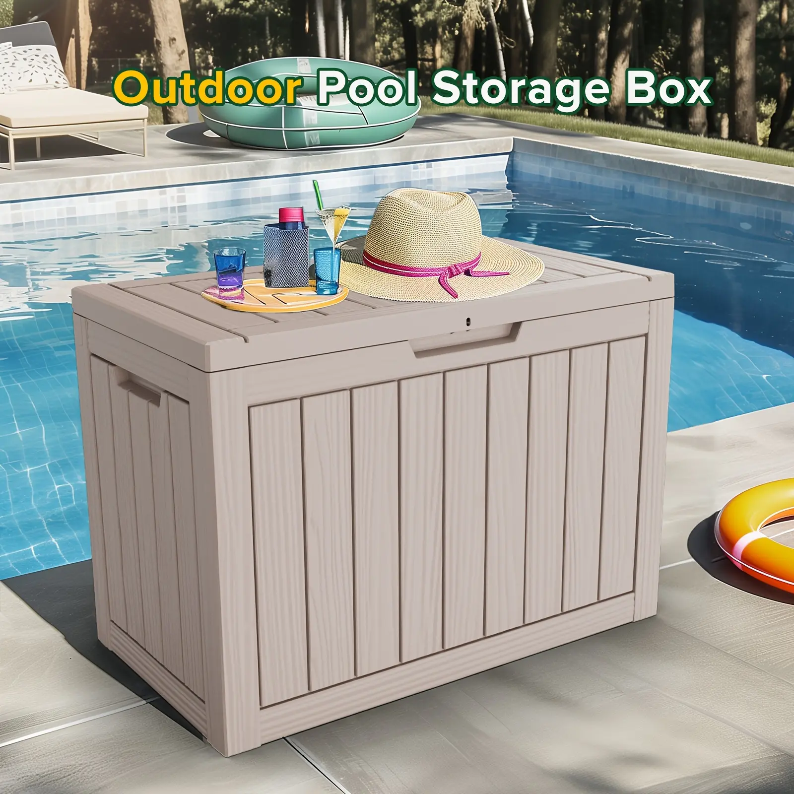 45 Gallon All Weather Outdoor Storage Bench, Wood Grain Design, Lockable Lid, for Patio, Pool Accessories, Garden Tools, Ideal for Modern Outdoor Spaces, Perfect Holiday Gift for Halloween, Christmas, Thanksgiving