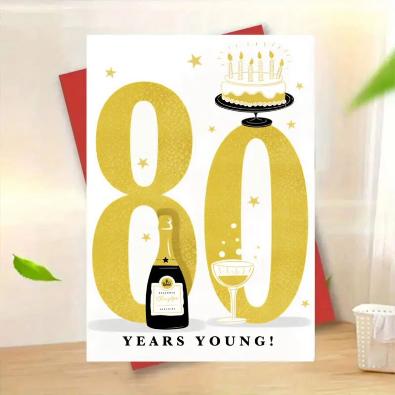 1 gold glitter 80th birthday card, featuring a champagne bottle and cake design, with blank pages inside, suitable for both men and women to celebrate