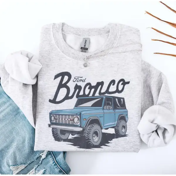 Women's Cute Printed Crewneck Cotton Sweatshirt - Loose Casual, Vintage Ford Bronco Graphic, Retro Ford Truck Design, Cozy Heather Grey, Long Sleeve Oversized Pullover, Car Enthusiasts' Pick, Short Sleeve Option Available, Sweatshirts for Women