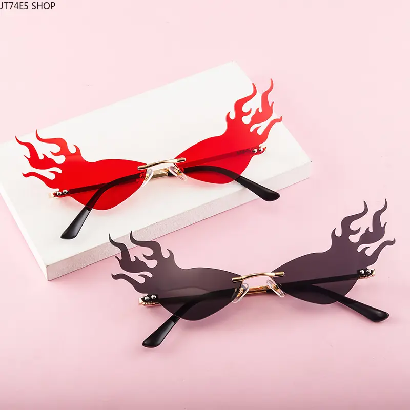 Oversized Flame Outline Rimless Hollow Cutout Sunglasses - Polyamide Frame, UV Protection, New Fashion Street Shooting Runway Accessories, Street Events